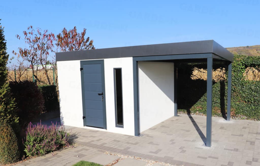 Domek ogrodowy na narzędzia z antracytową wiatą