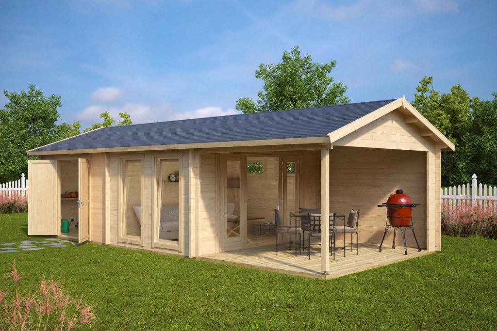 Drewniany domek ogrodowy z miejscem do grillowania