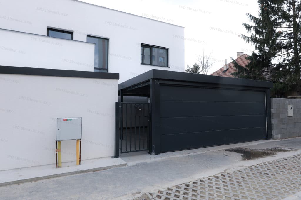 Wiata SIEBAU na dwa samochody z antracytową bramą Hormann