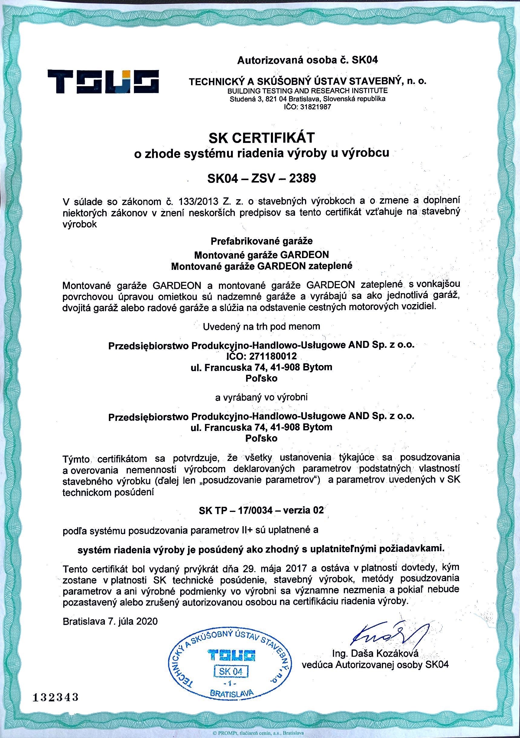 Certyfikat zgodności GARDEON