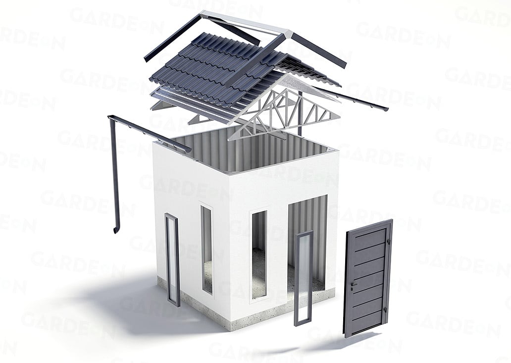 Układ domku ogrodowego z dachem dwuspadowym