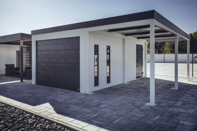 Jednogaráž v bielej omietke s rovnou strechou