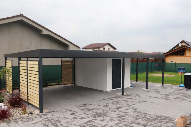 Prístrešok pre dve autá spojený so záhradným domčekom