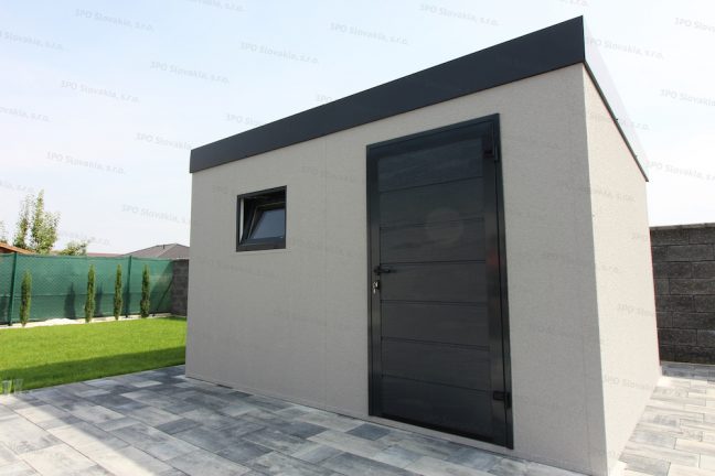 Záhradný domček GARDEON v svetlosivej omietke s rovnou strechou