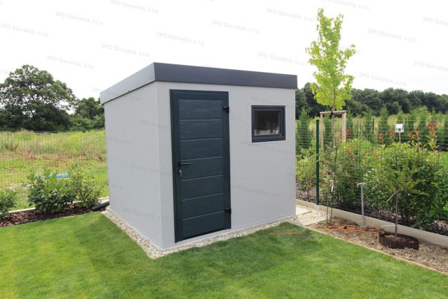 Záhradný domček GARDEON v svetlosivej omietke s rovnou atracitovou strechou