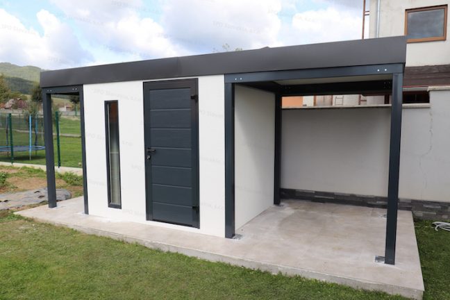 Záhradný domček GARDEON s dvoma prístreškami v antracitovej farbe