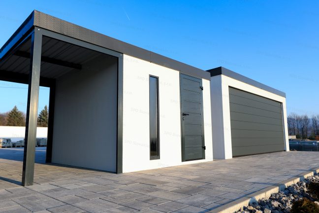 Záhradný domček a garáž GARDEON v bielej omietke