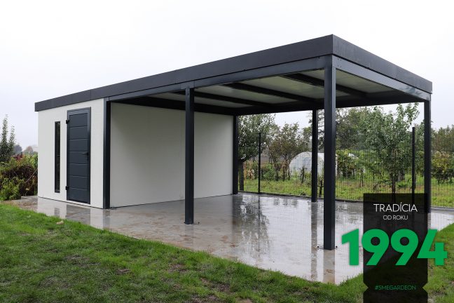 Záhradný domček s prístreškom s tmavou atikou