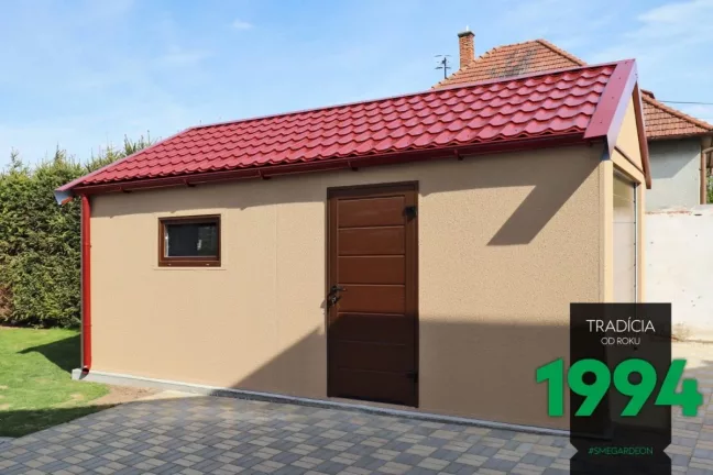 Garáž pro jedno auto se sedlovou střechou s oknem a dveřmi