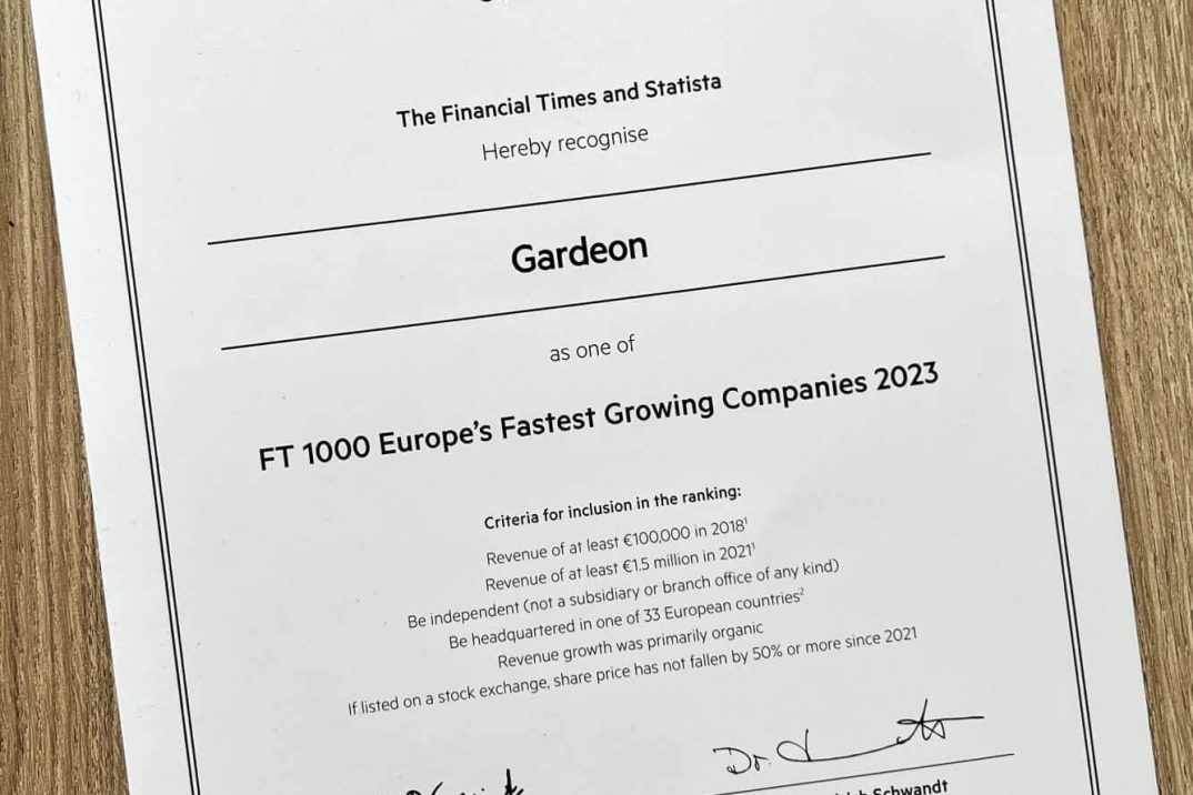 Gardeon certifikát 1000 nejrychleji rostoucích firem v Evropě