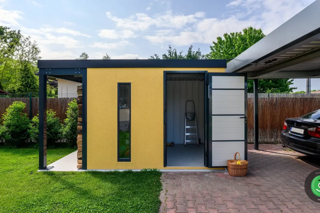 GARDEON žlutý zahradní domek s přístřeškem na dřevo a přístřeškem pro dvě auta 3