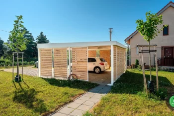 Přístřešek GARDEON pro dvě auta s hnědou dřevěnou výplní