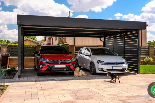 GARDEON přístřešek pro dvě auta usazený na zámkové dlažbě