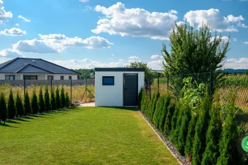 Zahradní domek s pultovou střechou na konci zahrady