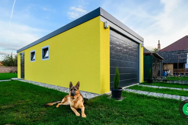pes sedící před garáží se žlutou omítkou