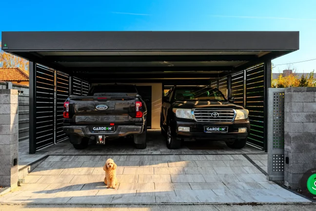 malý pejsek před přístřeškem pro dvě auta