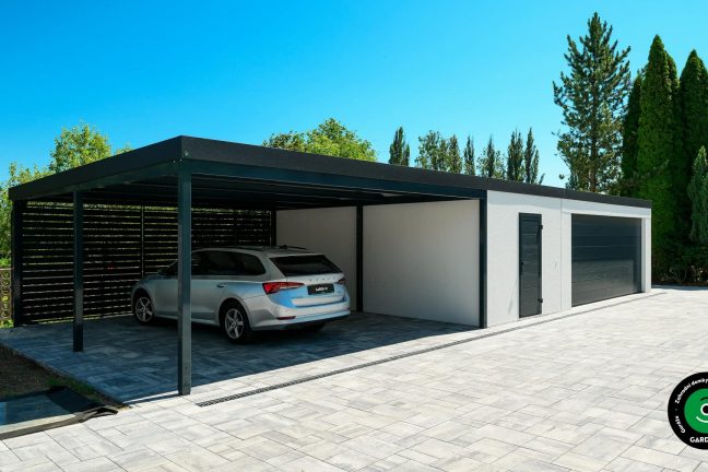 Montovaná stavba pro dvě auta a velký přístřešek.