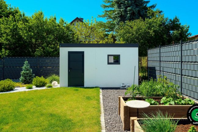 Zahradní domek se pultovou střechou a čistými liniemi.