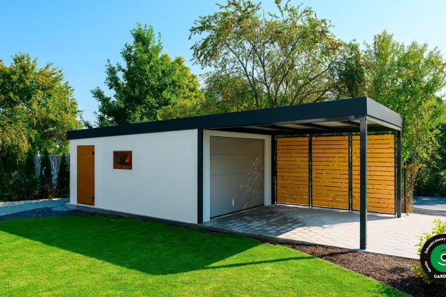 Jednogaráž s přístřeškem jako součástí stavby.