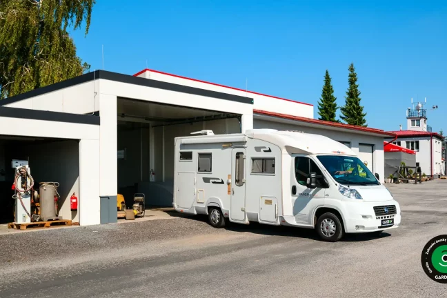 Atypická stavba garáže s otevřenými vraty a parkovanými vozidly.