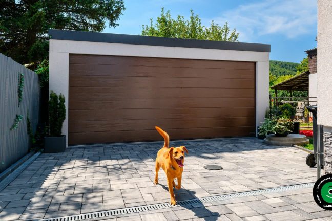Moderní dvojgaráž s hnědou branou a psem na dvoře.